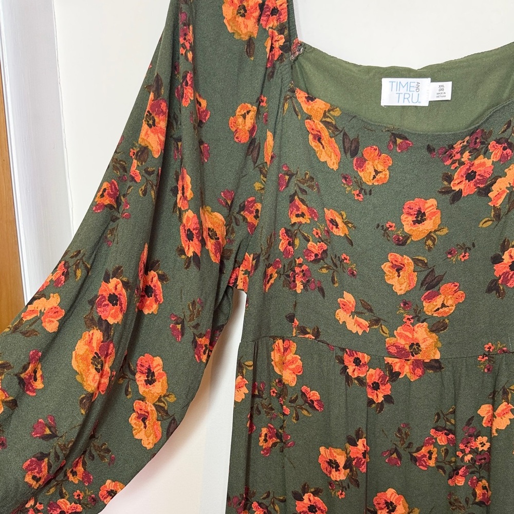 Time and Tru Green Floral Square Neck Midi Dress With Pockets Size XXL - Picture 6 of 16